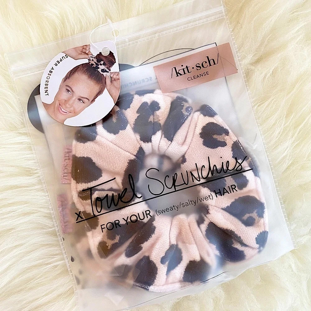 NWT Kitsch Leopard Pink Scrunchie Hair Tie Set of 2 with waterproof pouch